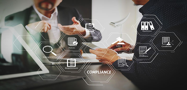 Compliance Virtual Diagram for regulations, law, standards, requirements and audit.co working team meeting concept,businessman using smart phone and digital tablet and laptop computer in modern office